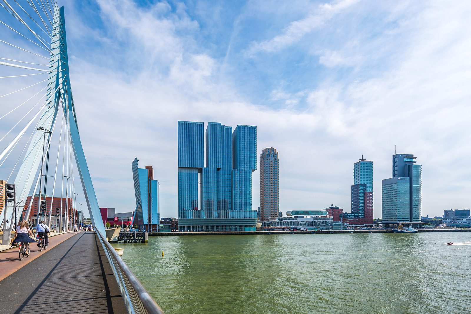 The Erasmus Bridge and the De Rotterdam towers on the Wilhelminapier in Rotterdam